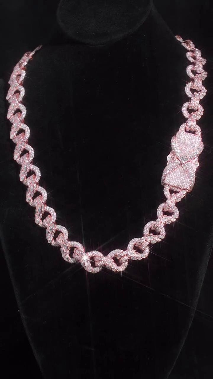 14MM Iced Out Infinity Link Chain, VVS Moissanite, Bezel Set Marquise & Pavé Set Round Cut, Box Clasp, 925 Sterling Silver Hip Hop Necklace