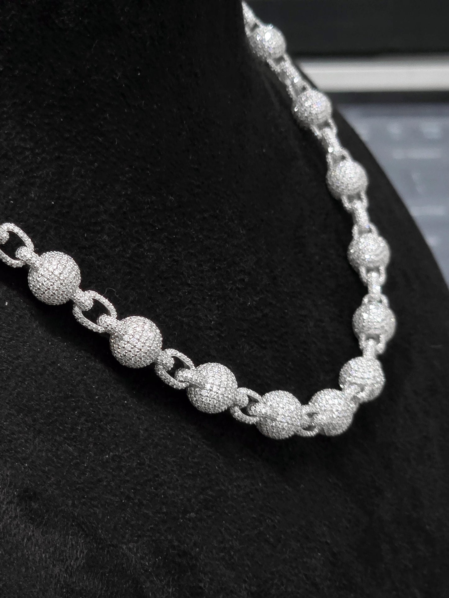 Iced Out Ball Link Chain | Moissanite Ball Chain Necklace | 925 Sterling Silver Hip Hop Jewelry | Custom Pave Chain