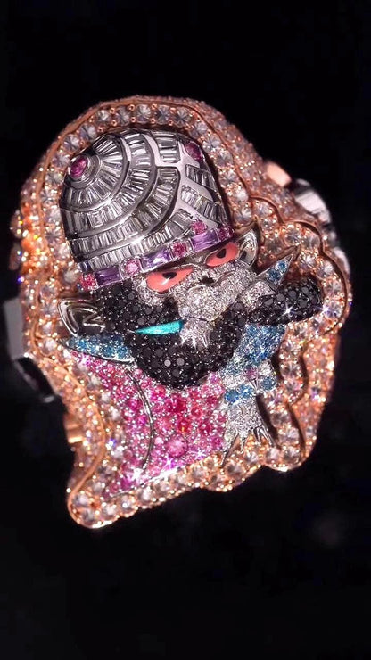 Custom Moissanite Cartoon Character Ring, Iced Out 925 Silver Statement Ring, Personalized Hip Hop Jewelry Gift