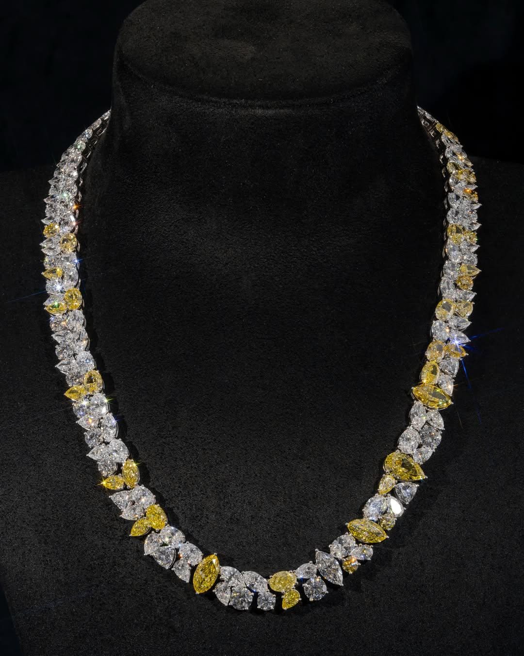 Cluster Moissanite Tennis Necklace, Canary Yellow & White Mixed Cut Moissanite Chain, 925 Silver, Custom Hip Hop Jewelry