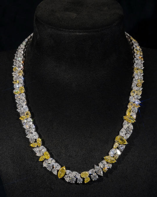 Cluster Moissanite Tennis Necklace, Canary Yellow & White Mixed Cut Moissanite Chain, 925 Silver, Custom Hip Hop Jewelry