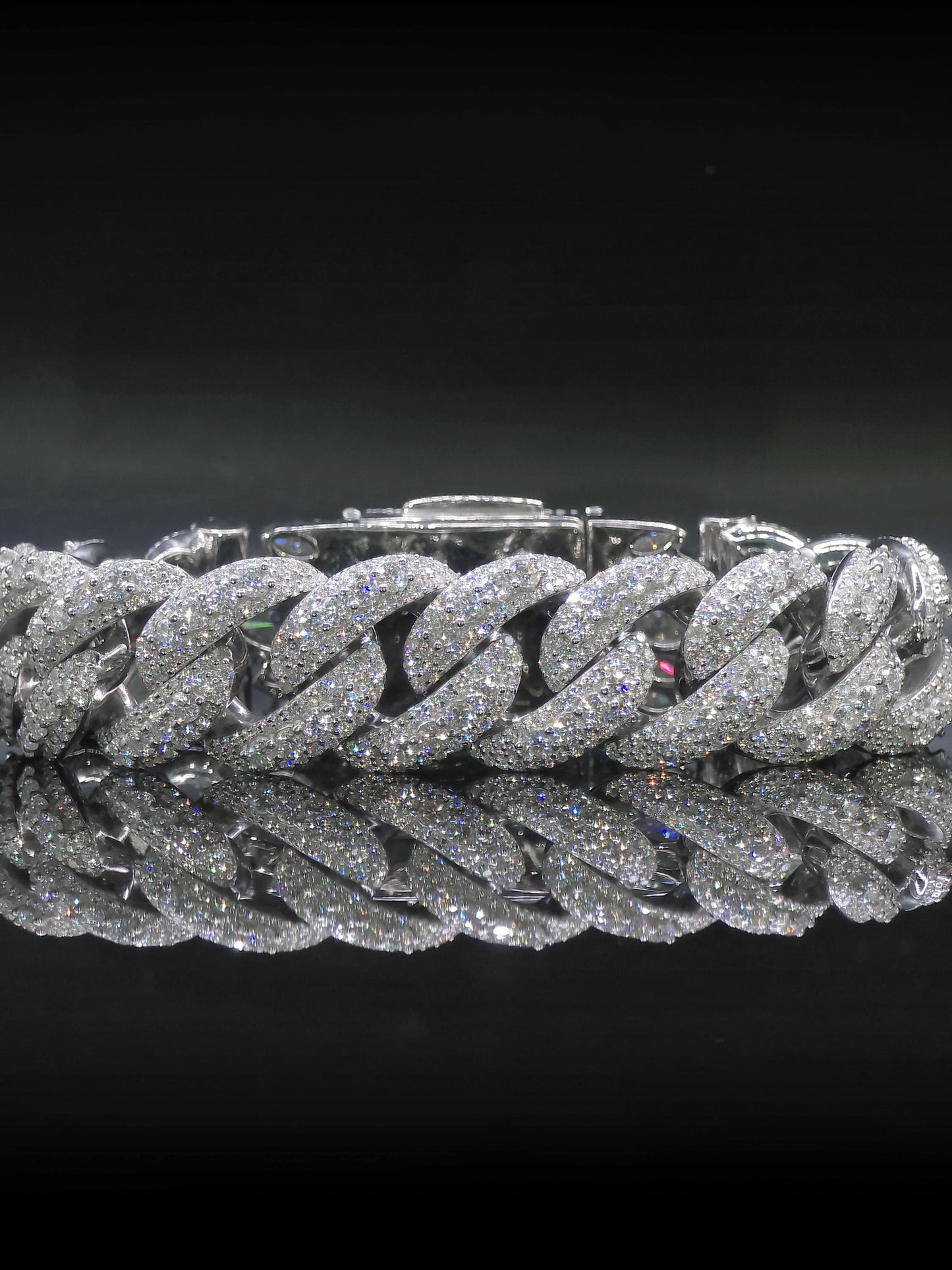 20mm Iced Miami Cuban Link Bracelet, Custom Designer Lock, VVS Moissanite, Rhodium Plated Silver