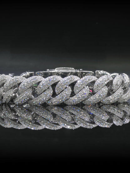 20mm Iced Miami Cuban Link Bracelet, Custom Designer Lock, VVS Moissanite, Rhodium Plated Silver