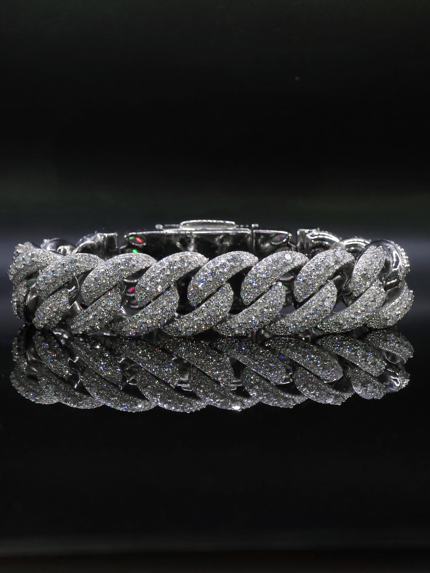 20mm Iced Miami Cuban Link Bracelet, Custom Designer Lock, VVS Moissanite, Rhodium Plated Silver