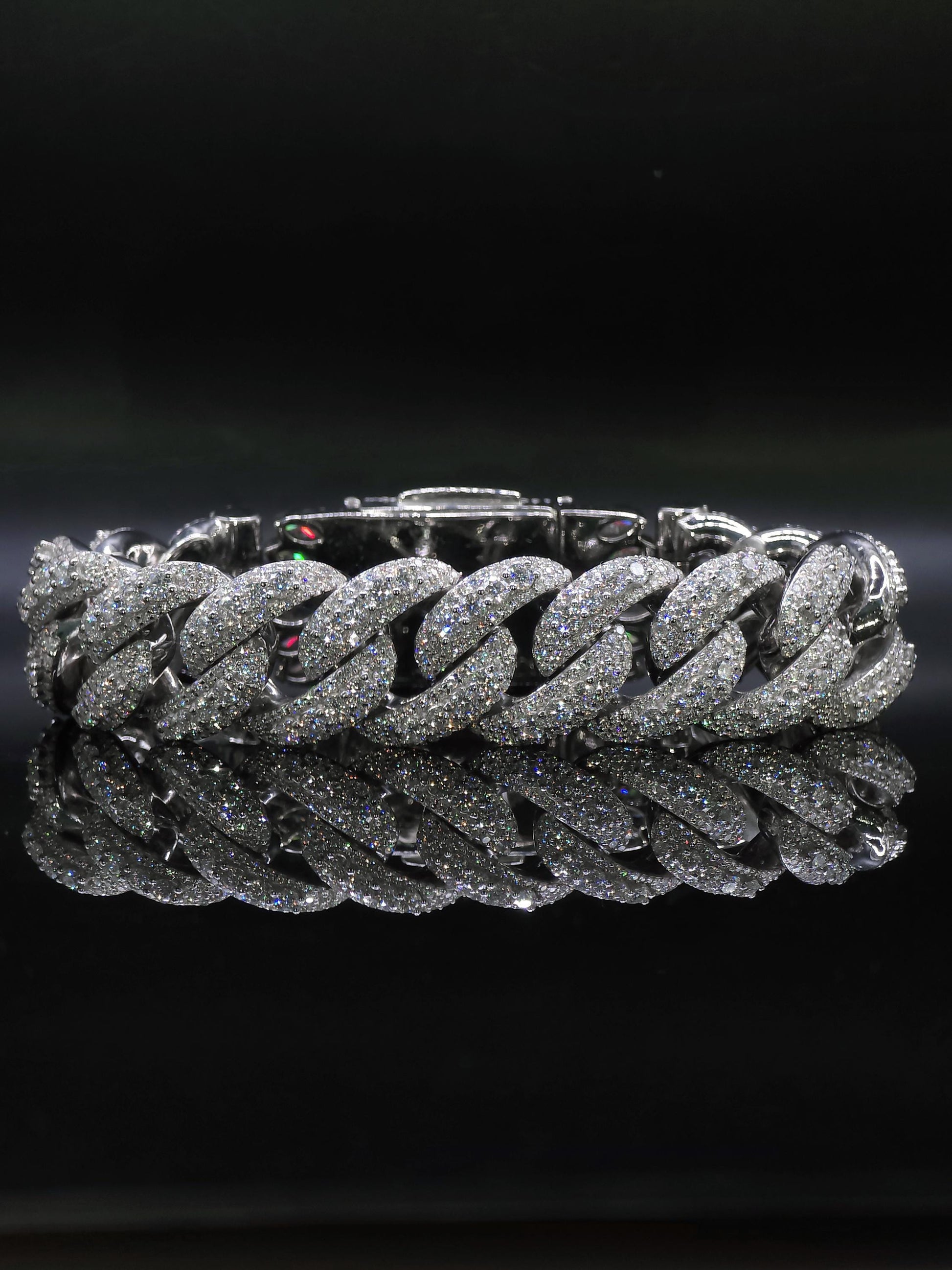 20mm Iced Miami Cuban Link Bracelet, Custom Designer Lock, VVS Moissanite, Rhodium Plated Silver