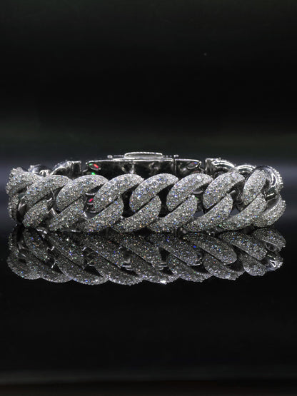 20mm Iced Miami Cuban Link Bracelet, Custom Designer Lock, VVS Moissanite, Rhodium Plated Silver