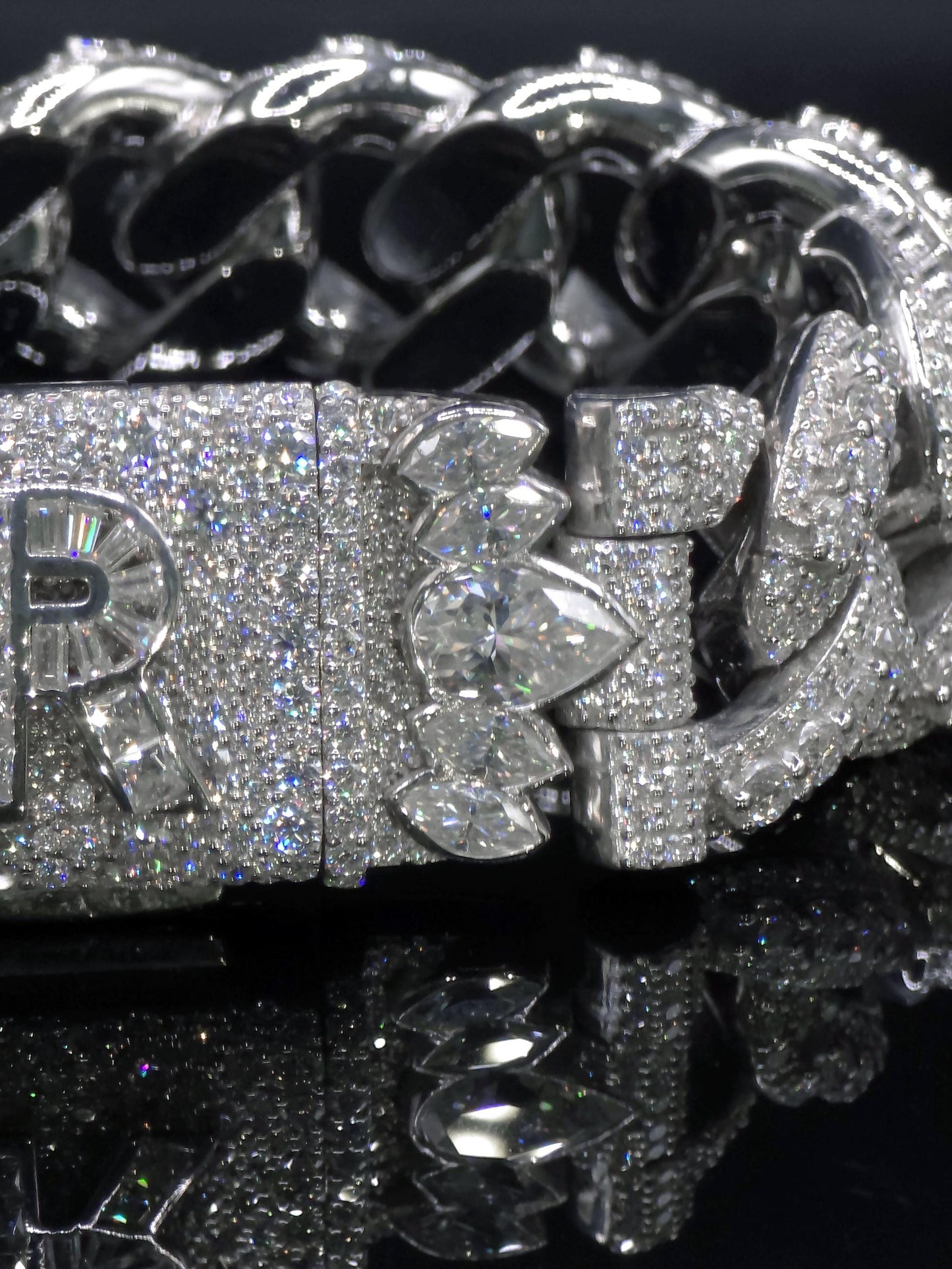 20mm Iced Miami Cuban Link Bracelet, Custom Designer Lock, VVS Moissanite, Rhodium Plated Silver