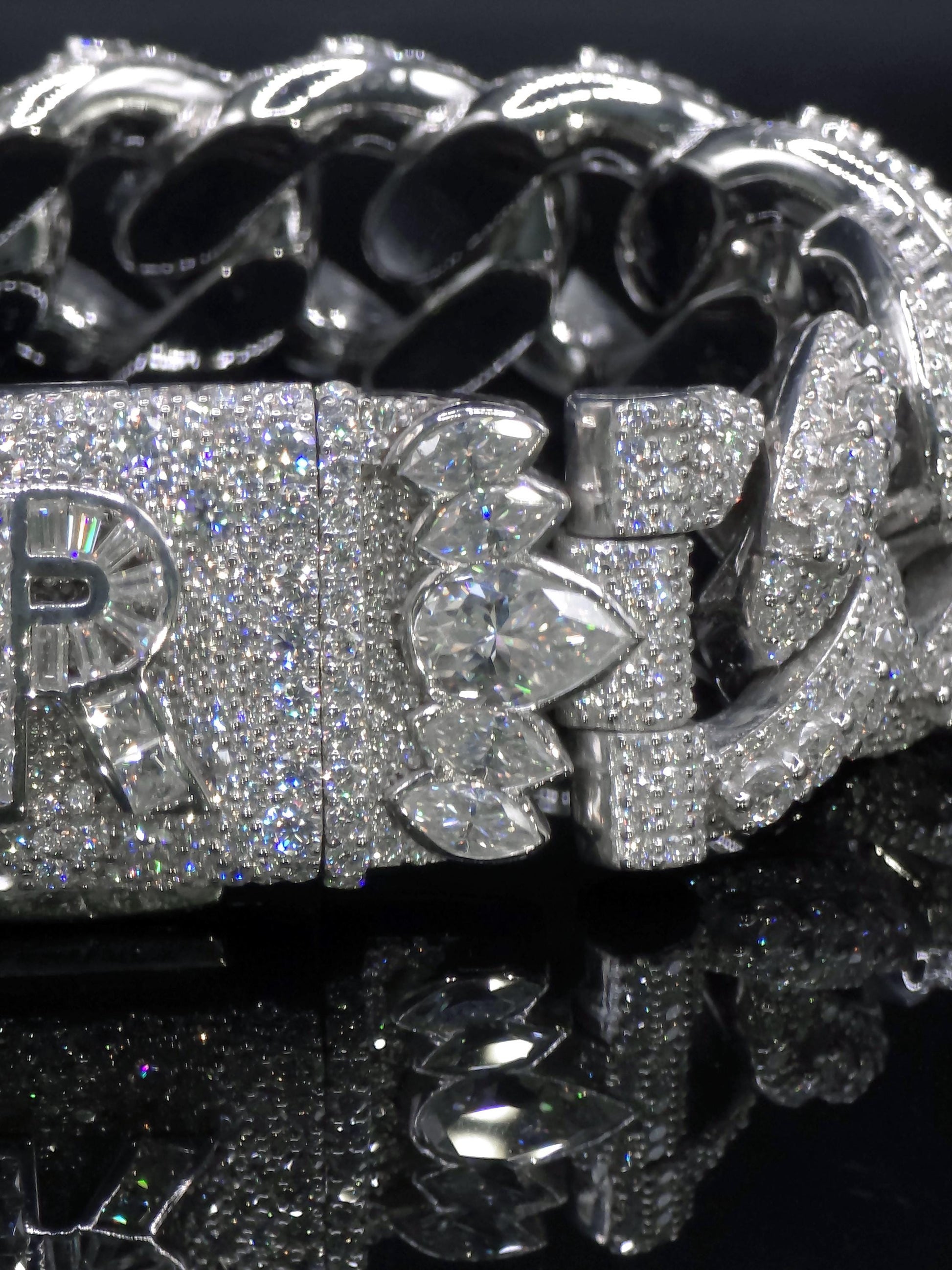 20mm Iced Miami Cuban Link Bracelet, Custom Designer Lock, VVS Moissanite, Rhodium Plated Silver