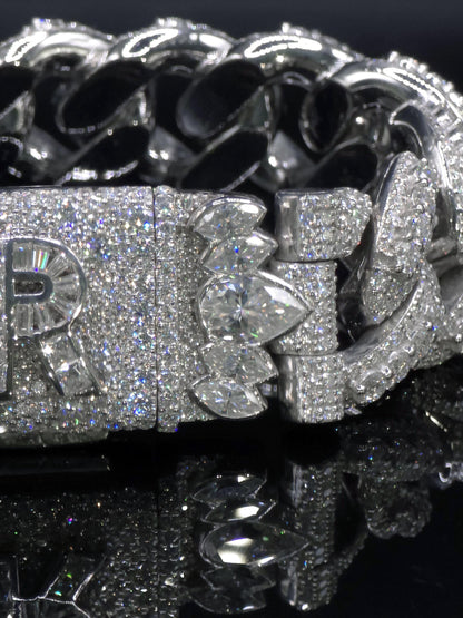 20mm Iced Miami Cuban Link Bracelet, Custom Designer Lock, VVS Moissanite, Rhodium Plated Silver