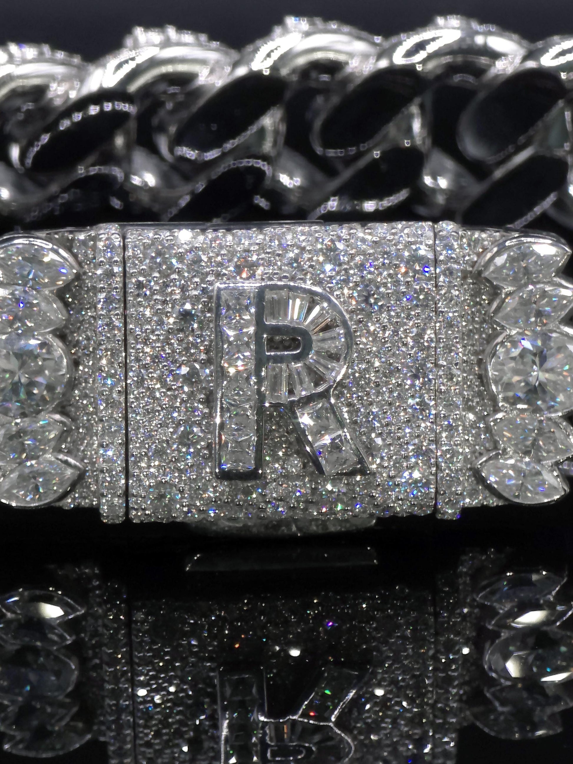 20mm Iced Miami Cuban Link Bracelet, Custom Designer Lock, VVS Moissanite, Rhodium Plated Silver