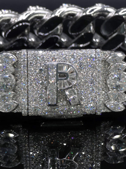 20mm Iced Miami Cuban Link Bracelet, Custom Designer Lock, VVS Moissanite, Rhodium Plated Silver