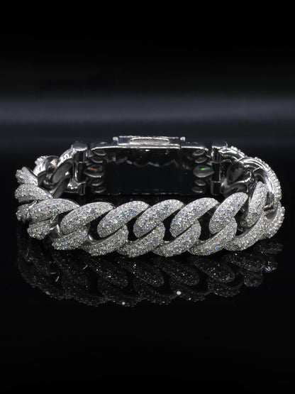 20mm Iced Miami Cuban Link Bracelet, Custom Designer Lock, VVS Moissanite, Rhodium Plated Silver