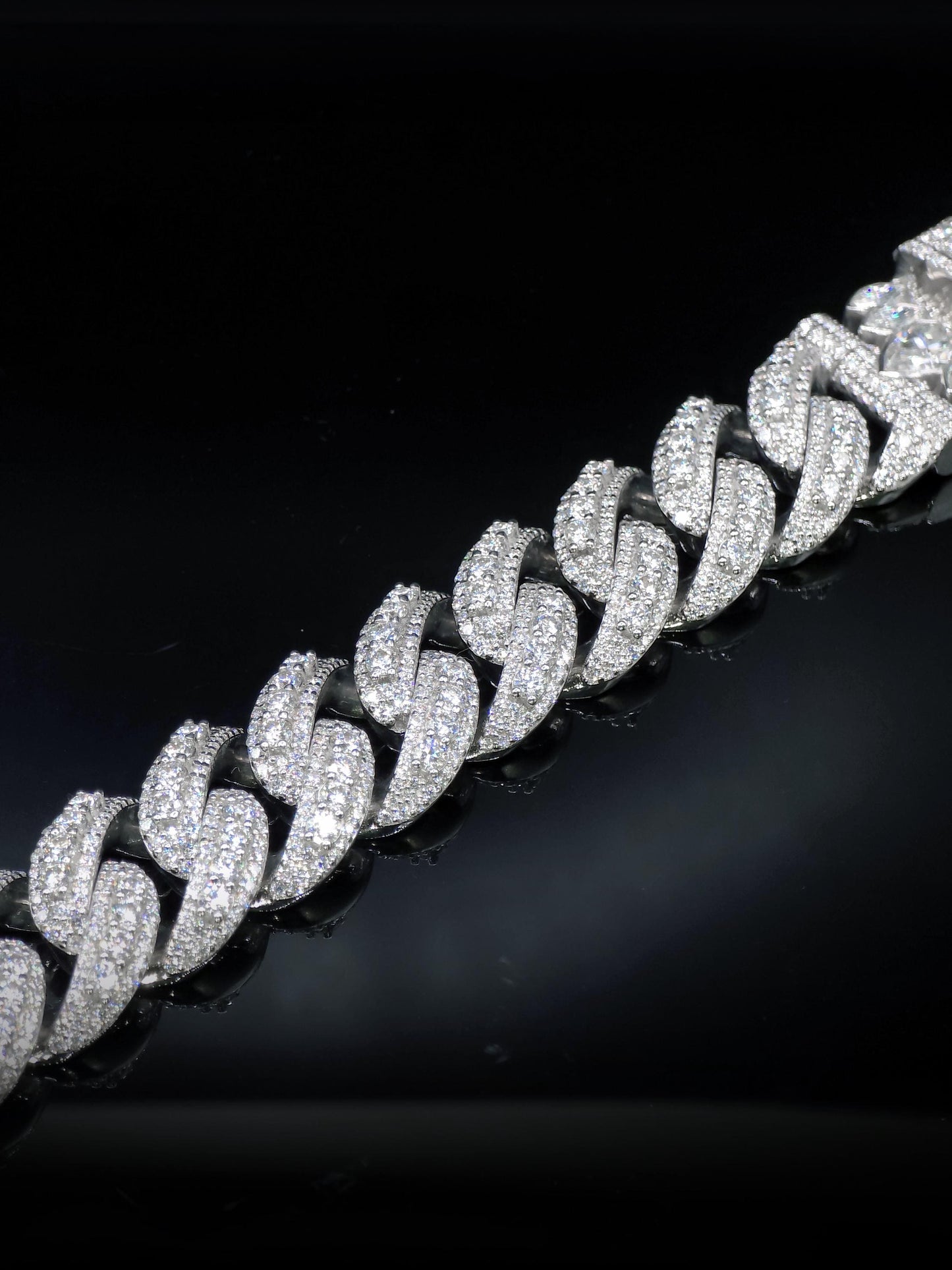 20mm Iced Miami Cuban Link Bracelet, Custom Designer Lock, VVS Moissanite, Rhodium Plated Silver