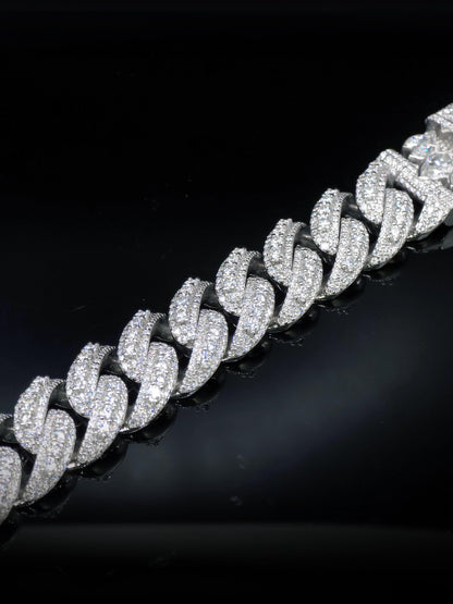 20mm Iced Miami Cuban Link Bracelet, Custom Designer Lock, VVS Moissanite, Rhodium Plated Silver