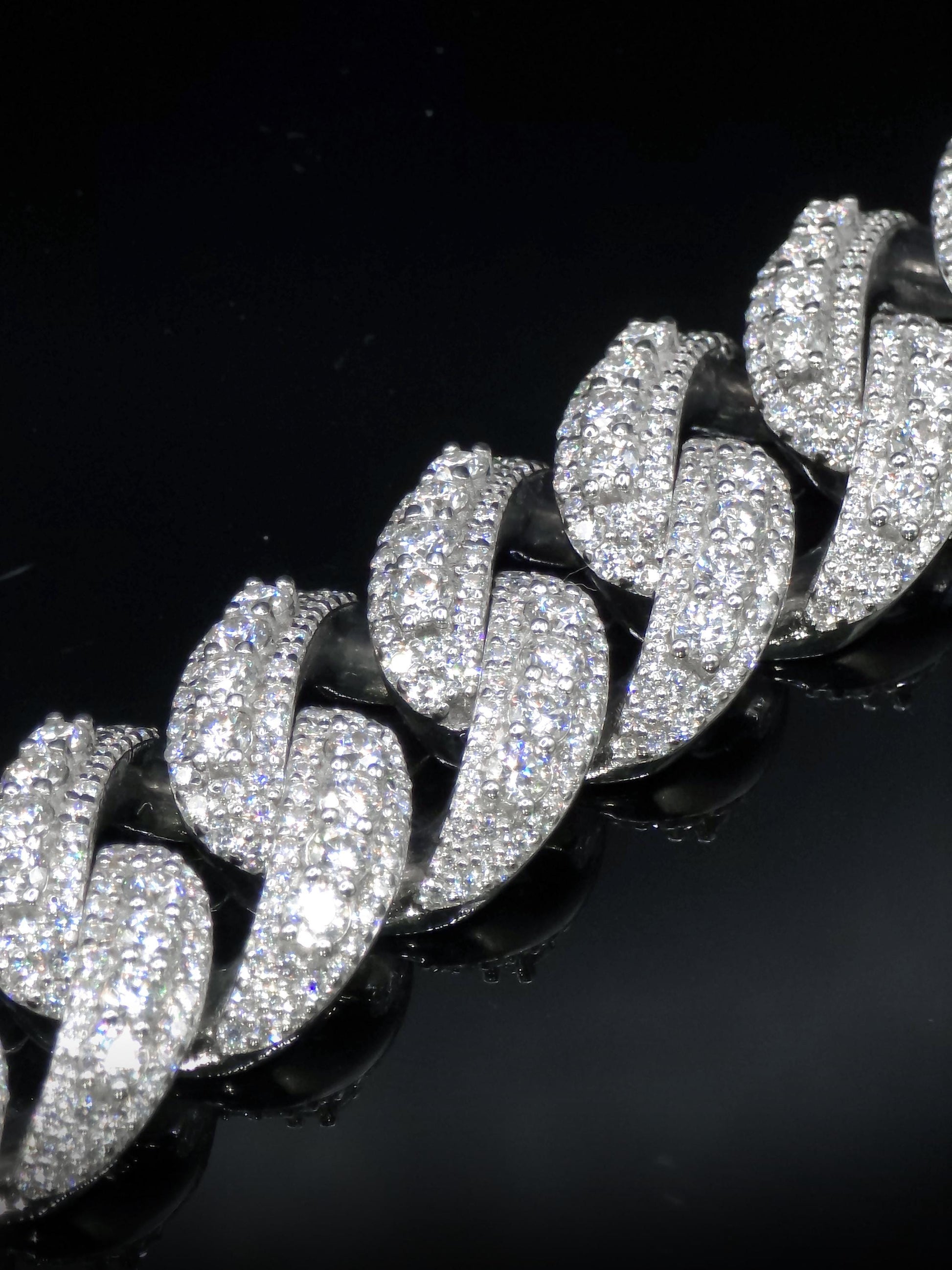 20mm Iced Miami Cuban Link Bracelet, Custom Designer Lock, VVS Moissanite, Rhodium Plated Silver