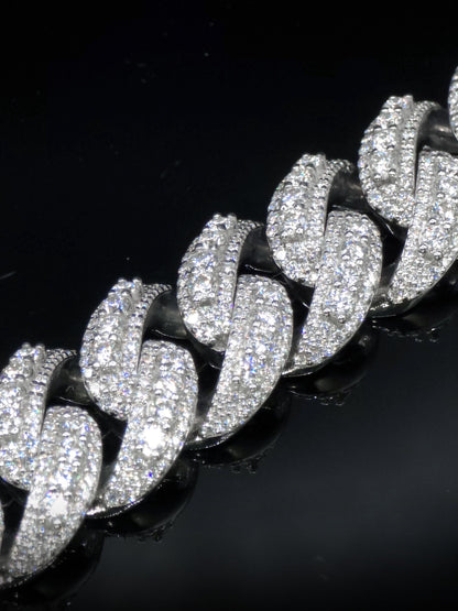 20mm Iced Miami Cuban Link Bracelet, Custom Designer Lock, VVS Moissanite, Rhodium Plated Silver
