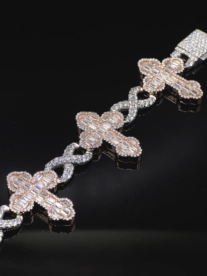 VVS1 Diamond Cross Link Bracelet, VVS1 Quality Baguette Moissanite Diamond, Pass Diamond Tester, Heavy Quality 925 Sterling Silver