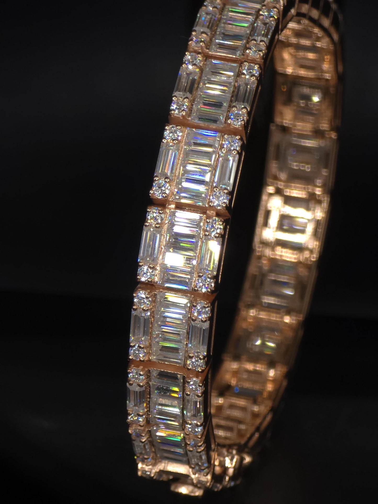 Moissanite Bracelet, Baguette Track bracelet with square links, D color VVS1 Moissanite, 925 Sterling Silver, Gold Plated, 6-9 inch