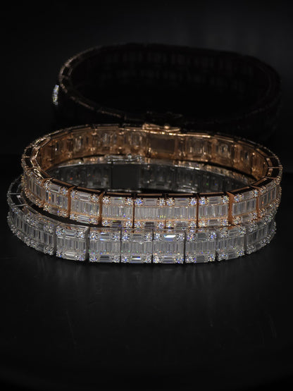 Moissanite Bracelet, Baguette Track bracelet with square links, D color VVS1 Moissanite, 925 Sterling Silver, Gold Plated, 6-9 inch