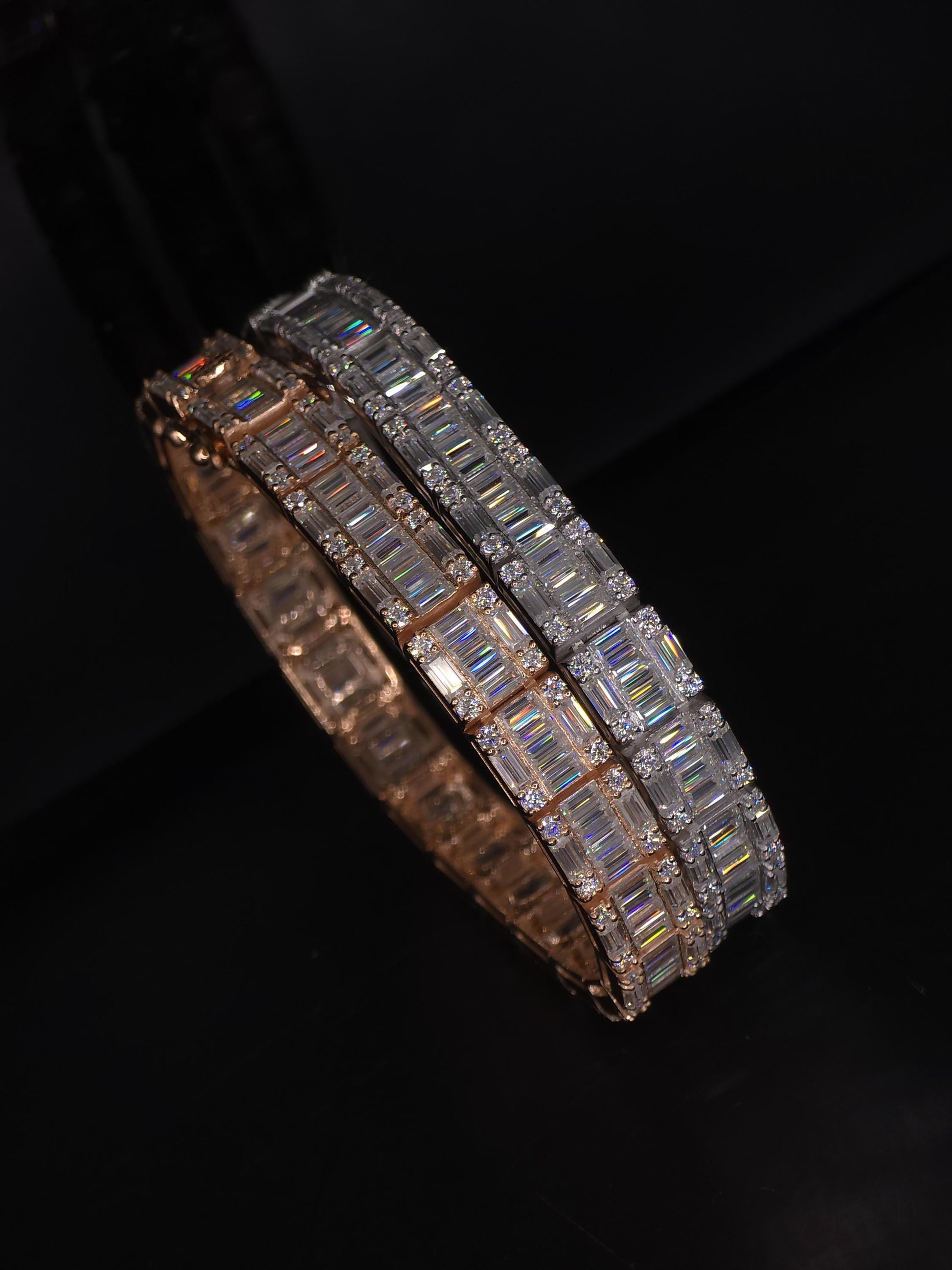Moissanite Bracelet, Baguette Track bracelet with square links, D color VVS1 Moissanite, 925 Sterling Silver, Gold Plated, 6-9 inch