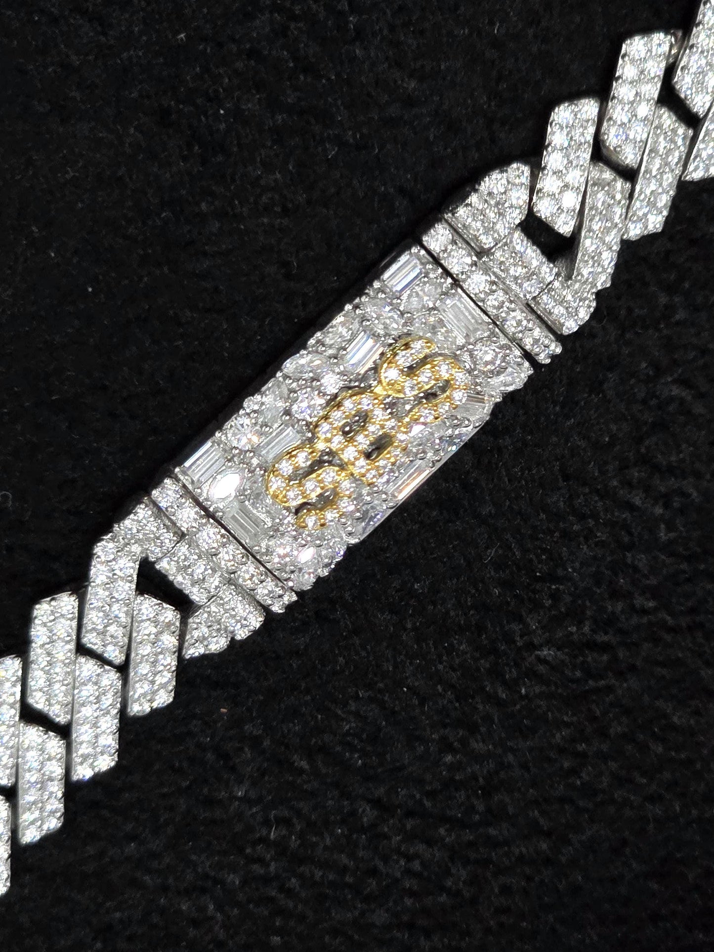 10mm Prong Cuban Link Chain, Custom Mixed-cut Designer Clasp, D Color VVS1 Moissanite, 925 Sterling Silver, Gold Plated, 16-30 Inch