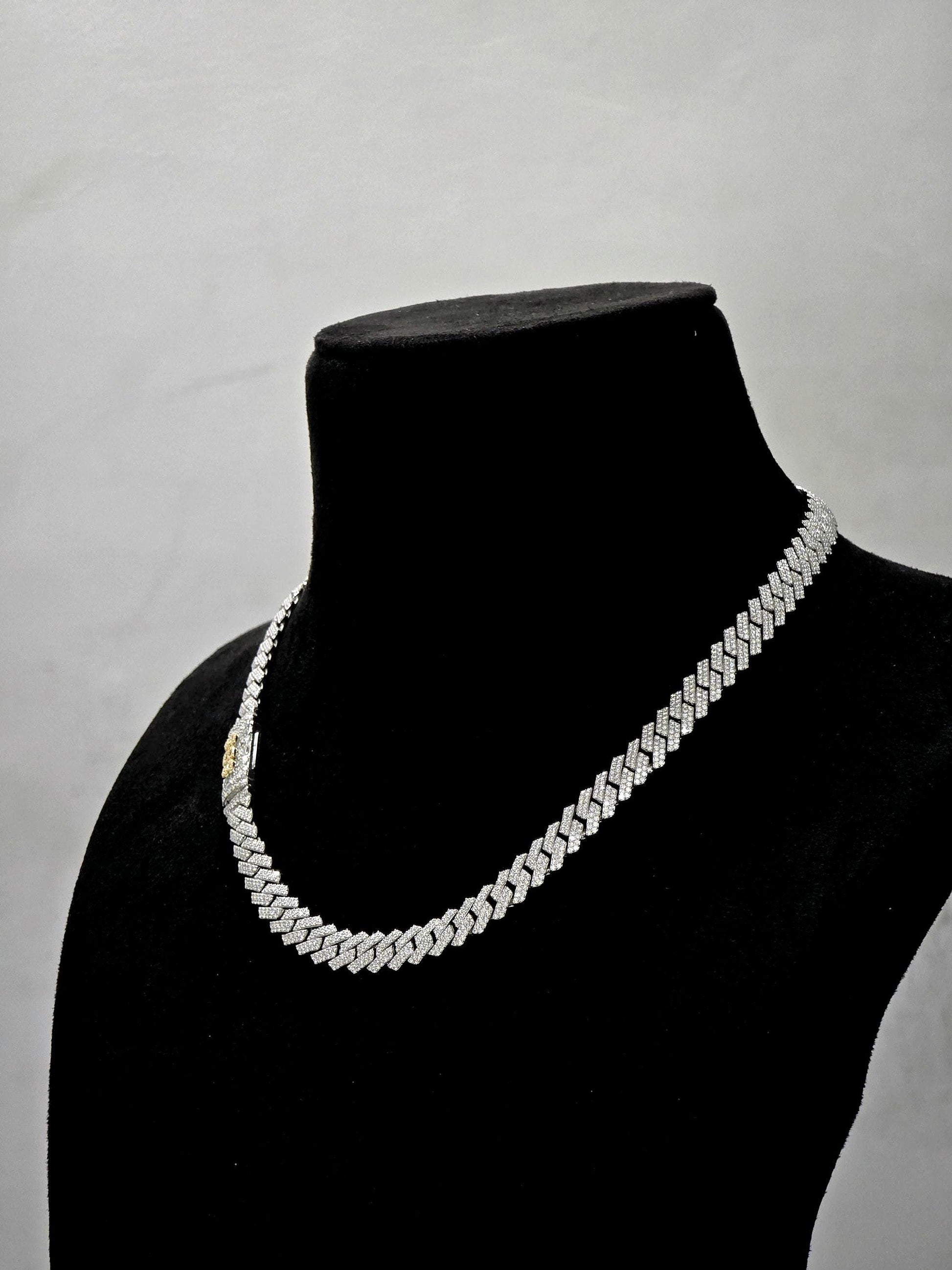 10mm Prong Cuban Link Chain, Custom Mixed-cut Designer Clasp, D Color VVS1 Moissanite, 925 Sterling Silver, Gold Plated, 16-30 Inch