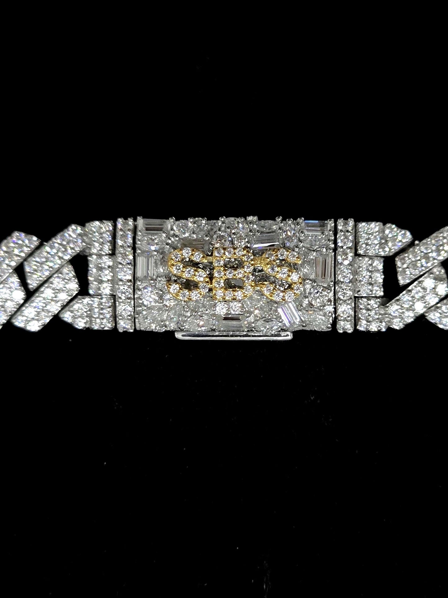 10mm Prong Cuban Link Chain, Custom Mixed-cut Designer Clasp, D Color VVS1 Moissanite, 925 Sterling Silver, Gold Plated, 16-30 Inch