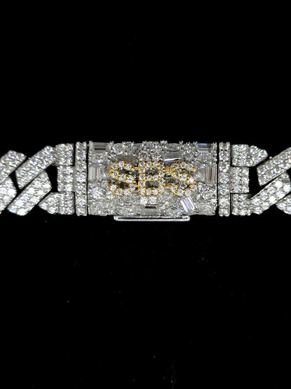 10mm Prong Cuban Link Chain, Custom Mixed-cut Designer Clasp, D Color VVS1 Moissanite, 925 Sterling Silver, Gold Plated, 16-30 Inch