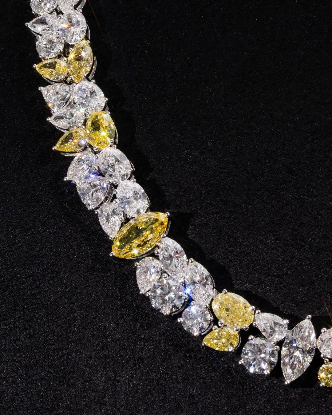 Cluster Moissanite Tennis Necklace, Canary Yellow & White Mixed Cut Moissanite Chain, 925 Silver, Custom Hip Hop Jewelry