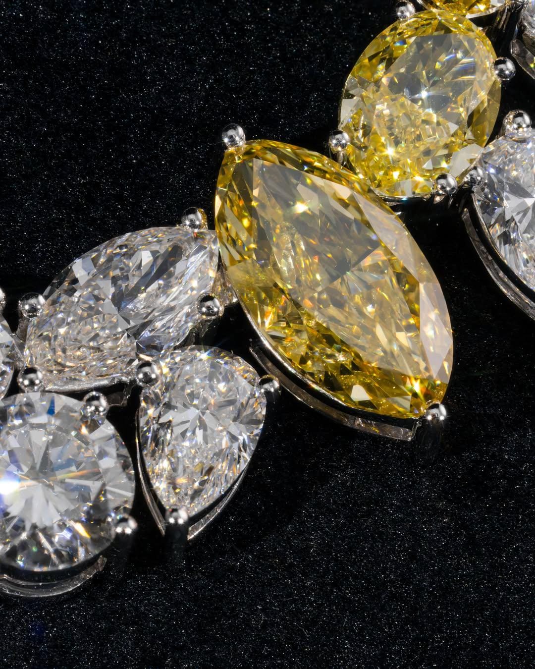 Cluster Moissanite Tennis Necklace, Canary Yellow & White Mixed Cut Moissanite Chain, 925 Silver, Custom Hip Hop Jewelry