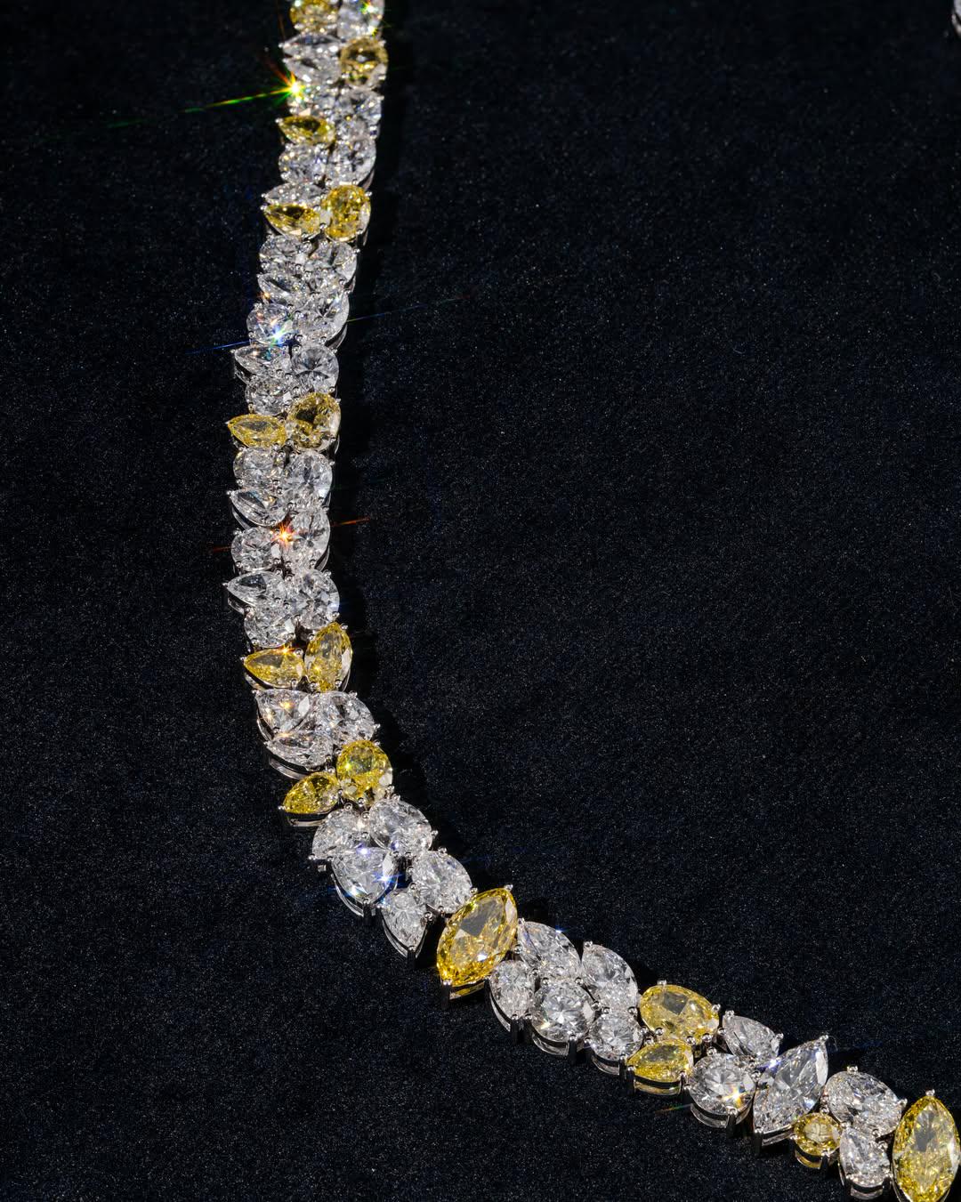 Cluster Moissanite Tennis Necklace, Canary Yellow & White Mixed Cut Moissanite Chain, 925 Silver, Custom Hip Hop Jewelry