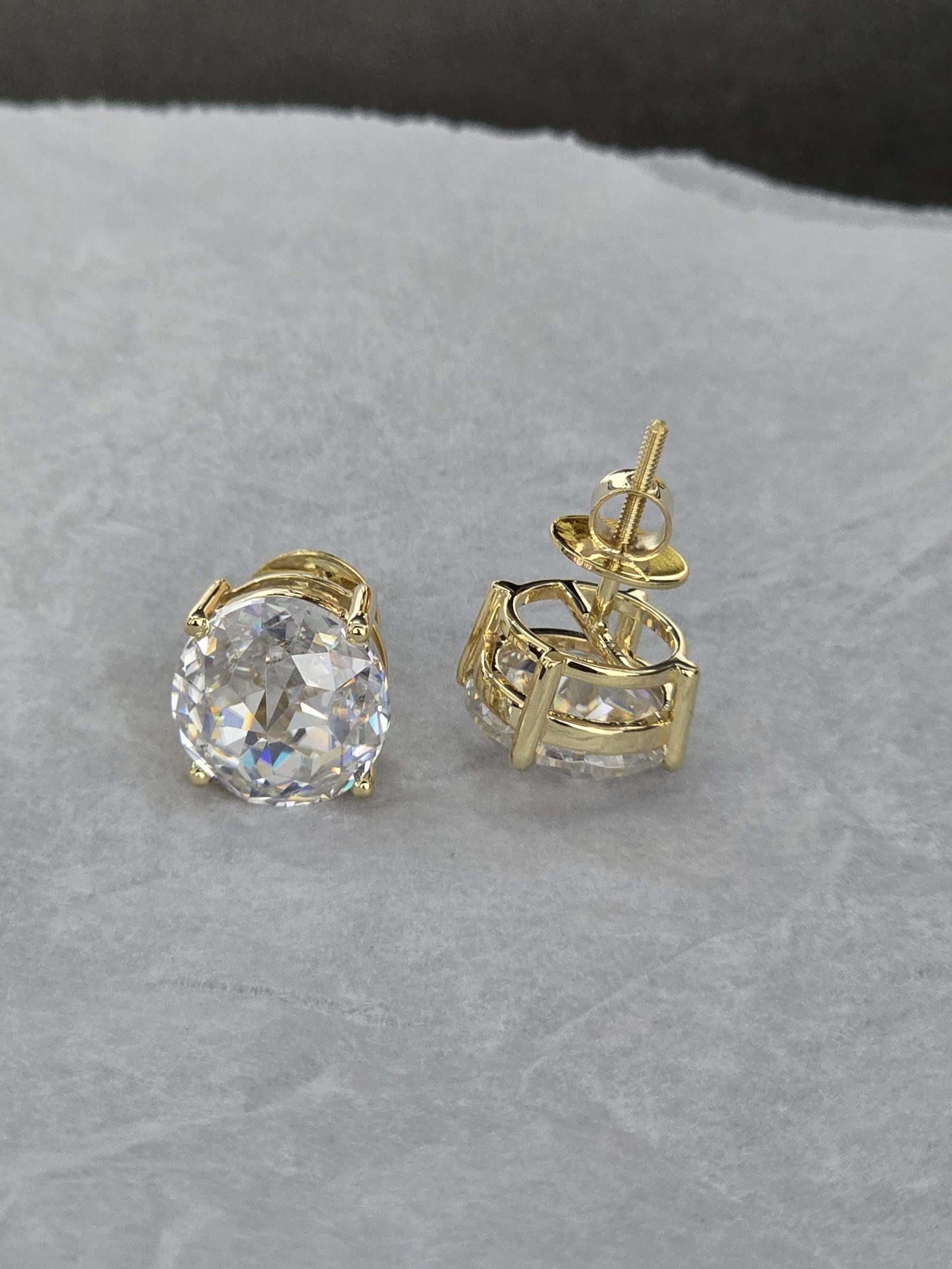 12mm Jumbo Moissanite Stud Earrings, D Color VVS1 Round Jubilee Cut, 12 Carat Total Weight, 925 Sterling Silver / Solid 10K Gold, Basket Set