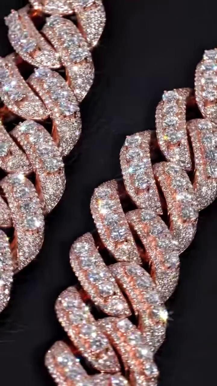22mm Rose Gold Plated Moissanite Cuban Link Chain, Raised Pointer Iced Out 925 Silver Hip Hop Chain, VVS1 Moissanite Necklace