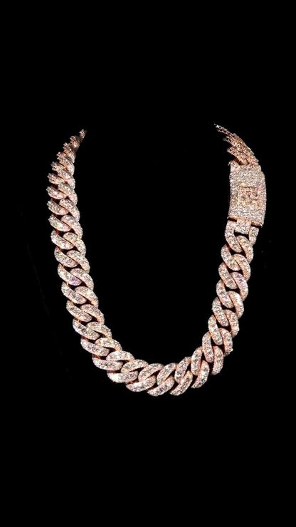 22mm Rose Gold Plated Moissanite Cuban Link Chain, Raised Pointer Iced Out 925 Silver Hip Hop Chain, VVS1 Moissanite Necklace