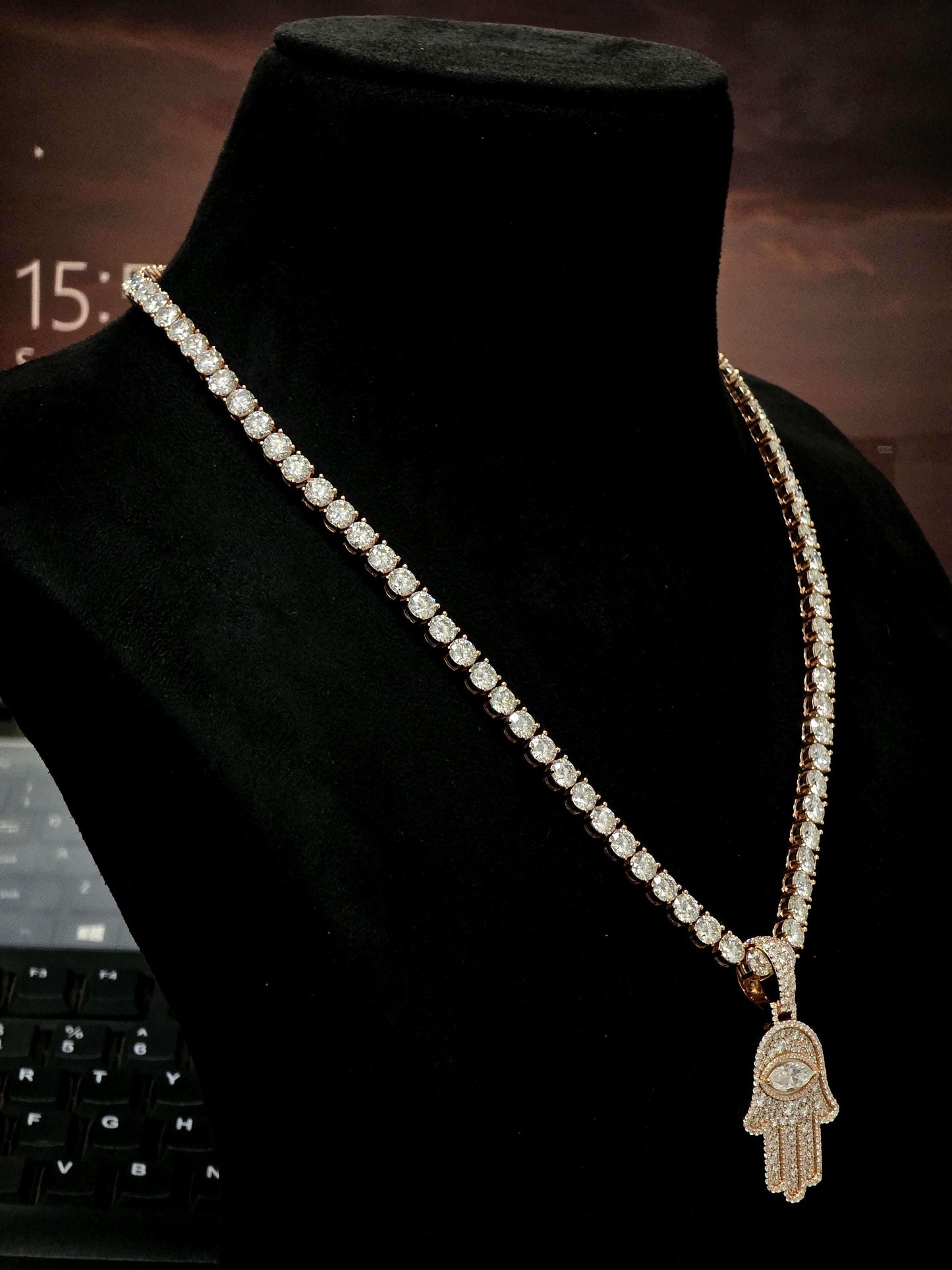 1.5 Inch Hamsa Hand Pendant & 6mm Tennis Necklace Set, VVS1 Moissanite, Solid 925 Sterling Silver, Passes Diamond Tester