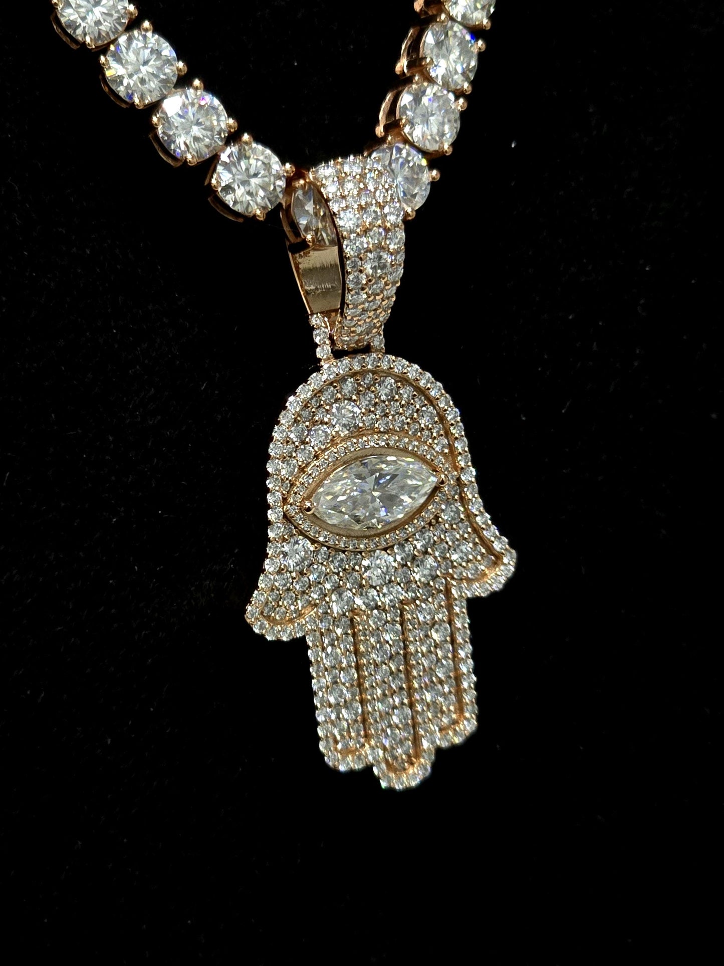 1.5 Inch Hamsa Hand Pendant & 6mm Tennis Necklace Set, VVS1 Moissanite, Solid 925 Sterling Silver, Passes Diamond Tester