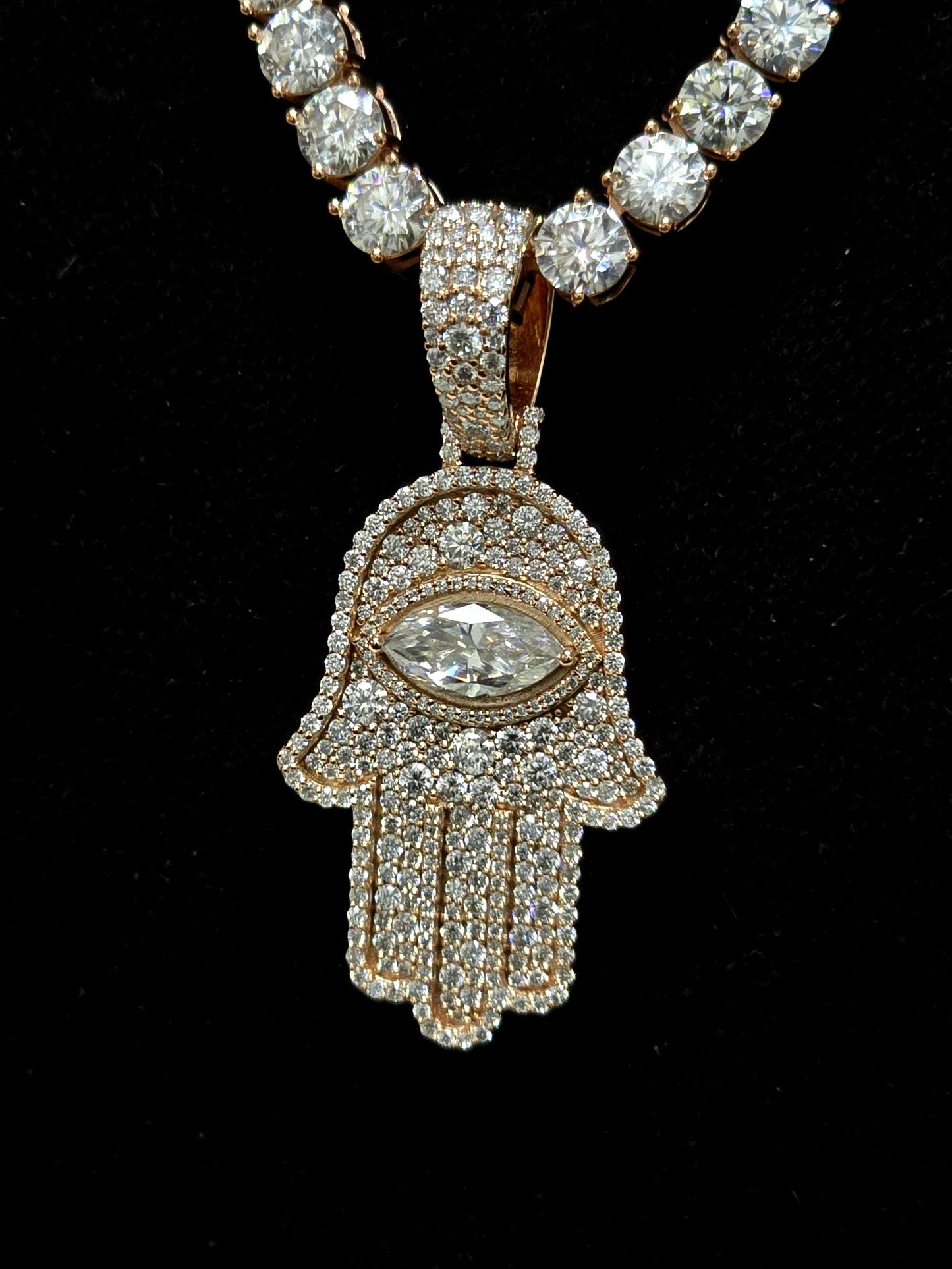 1.5 Inch Hamsa Hand Pendant & 6mm Tennis Necklace Set, VVS1 Moissanite, Solid 925 Sterling Silver, Passes Diamond Tester