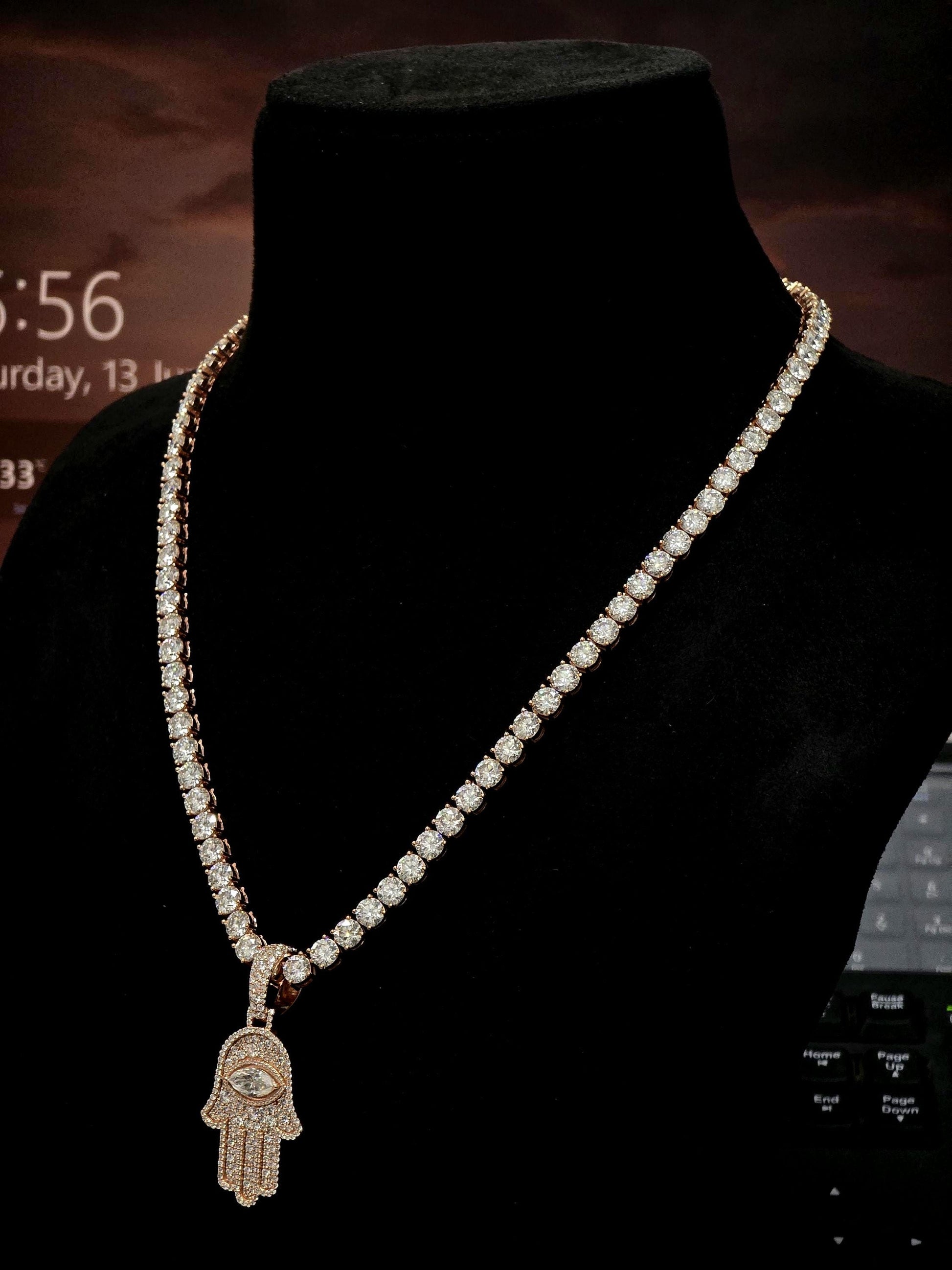 1.5 Inch Hamsa Hand Pendant & 6mm Tennis Necklace Set, VVS1 Moissanite, Solid 925 Sterling Silver, Passes Diamond Tester
