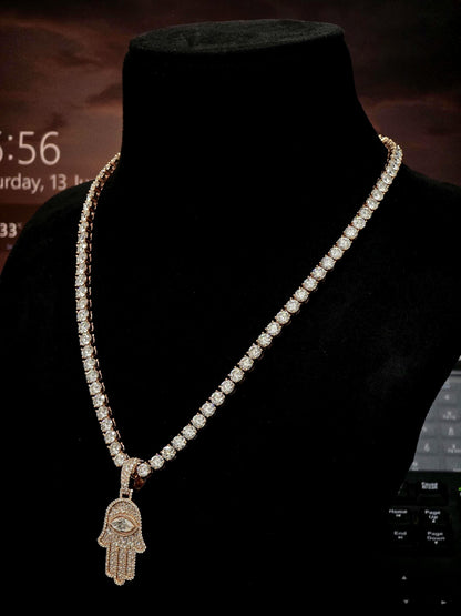 1.5 Inch Hamsa Hand Pendant & 6mm Tennis Necklace Set, VVS1 Moissanite, Solid 925 Sterling Silver, Passes Diamond Tester