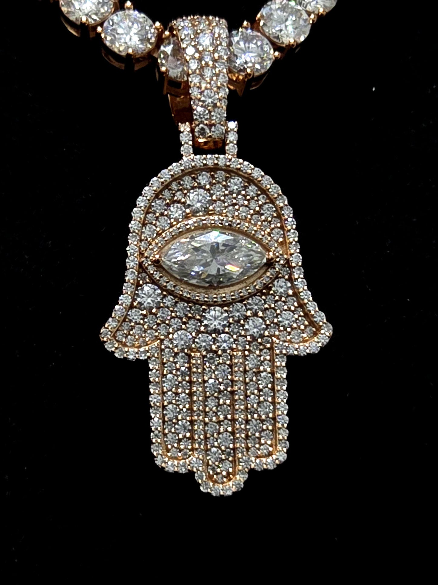 1.5 Inch Hamsa Hand Pendant & 6mm Tennis Necklace Set, VVS1 Moissanite, Solid 925 Sterling Silver, Passes Diamond Tester