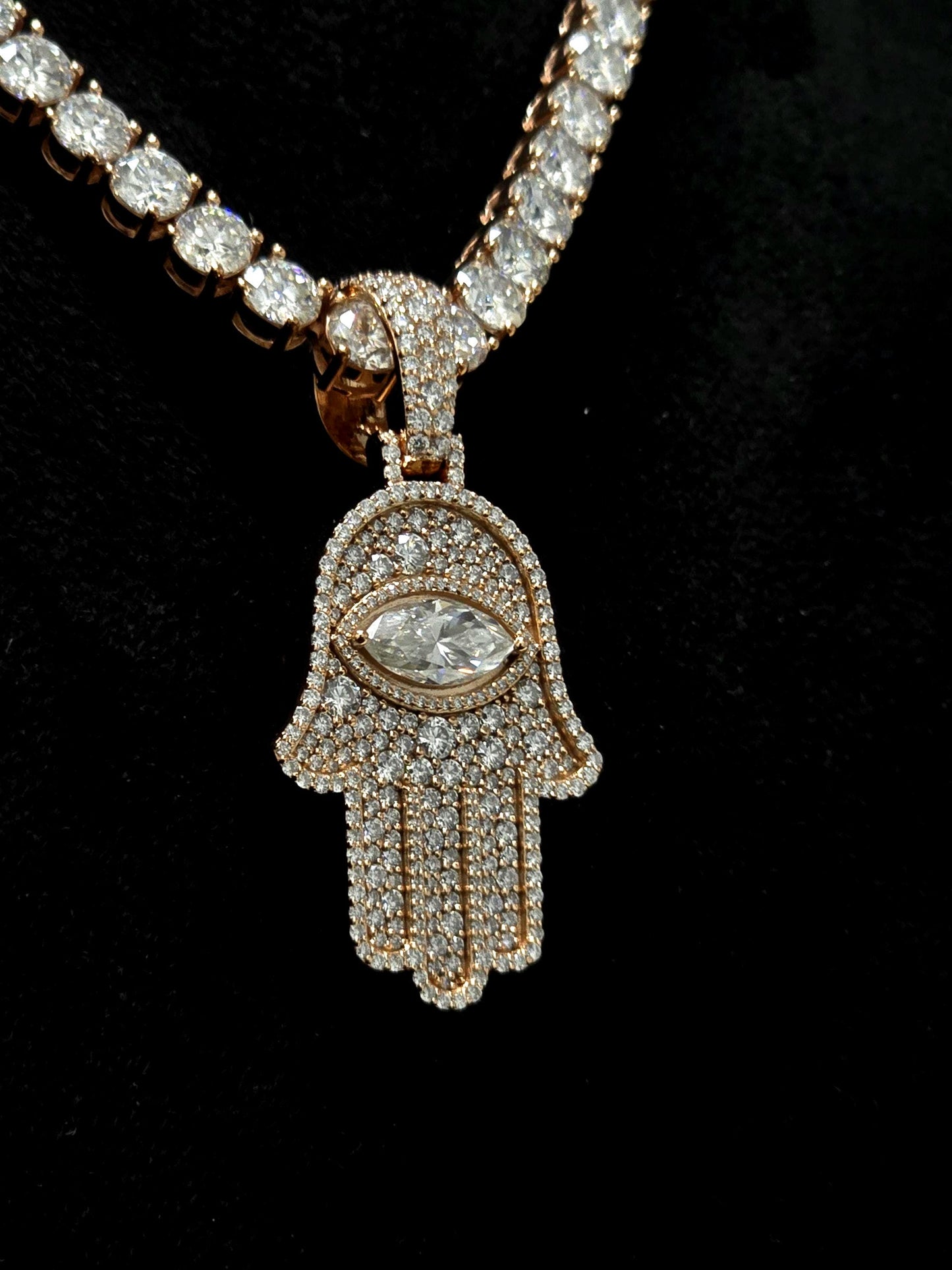 1.5 Inch Hamsa Hand Pendant & 6mm Tennis Necklace Set, VVS1 Moissanite, Solid 925 Sterling Silver, Passes Diamond Tester