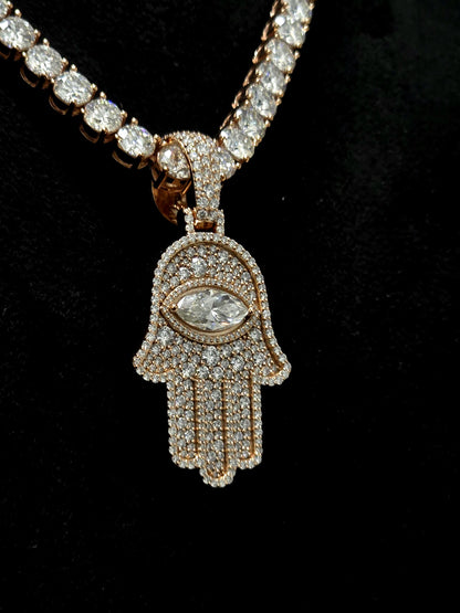 1.5 Inch Hamsa Hand Pendant & 6mm Tennis Necklace Set, VVS1 Moissanite, Solid 925 Sterling Silver, Passes Diamond Tester