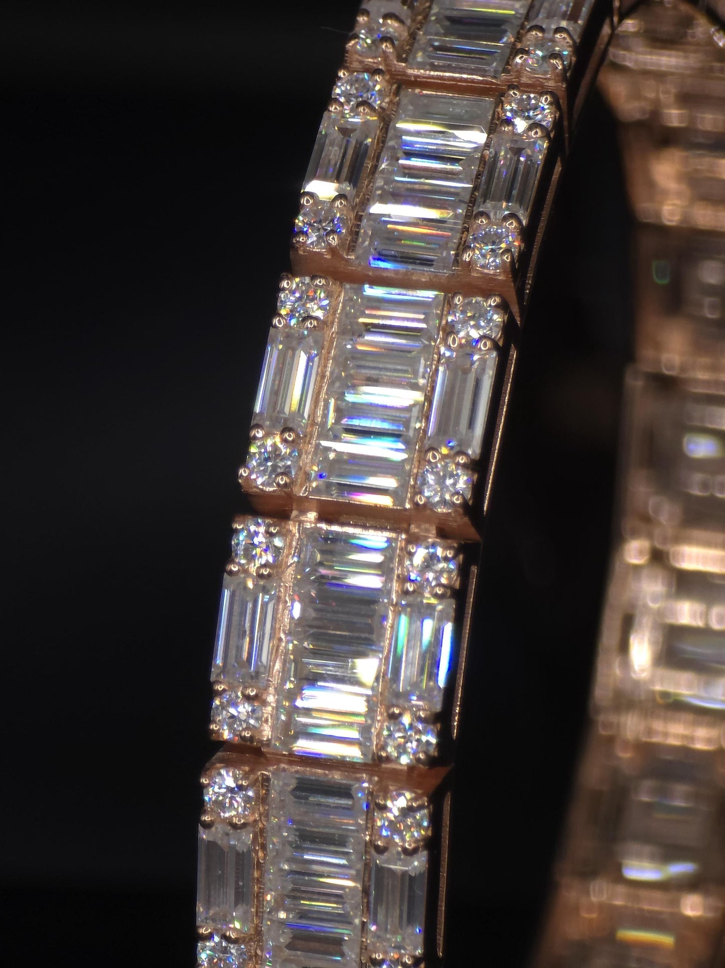 Moissanite Bracelet, Baguette Track bracelet with square links, D color VVS1 Moissanite, 925 Sterling Silver, Gold Plated, 6-9 inch
