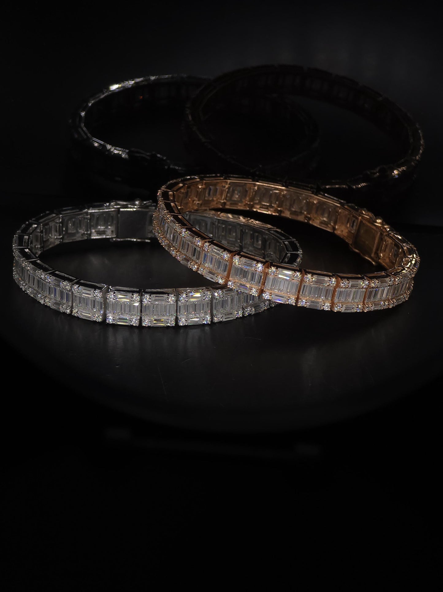Moissanite Bracelet, Baguette Track bracelet with square links, D color VVS1 Moissanite, 925 Sterling Silver, Gold Plated, 6-9 inch