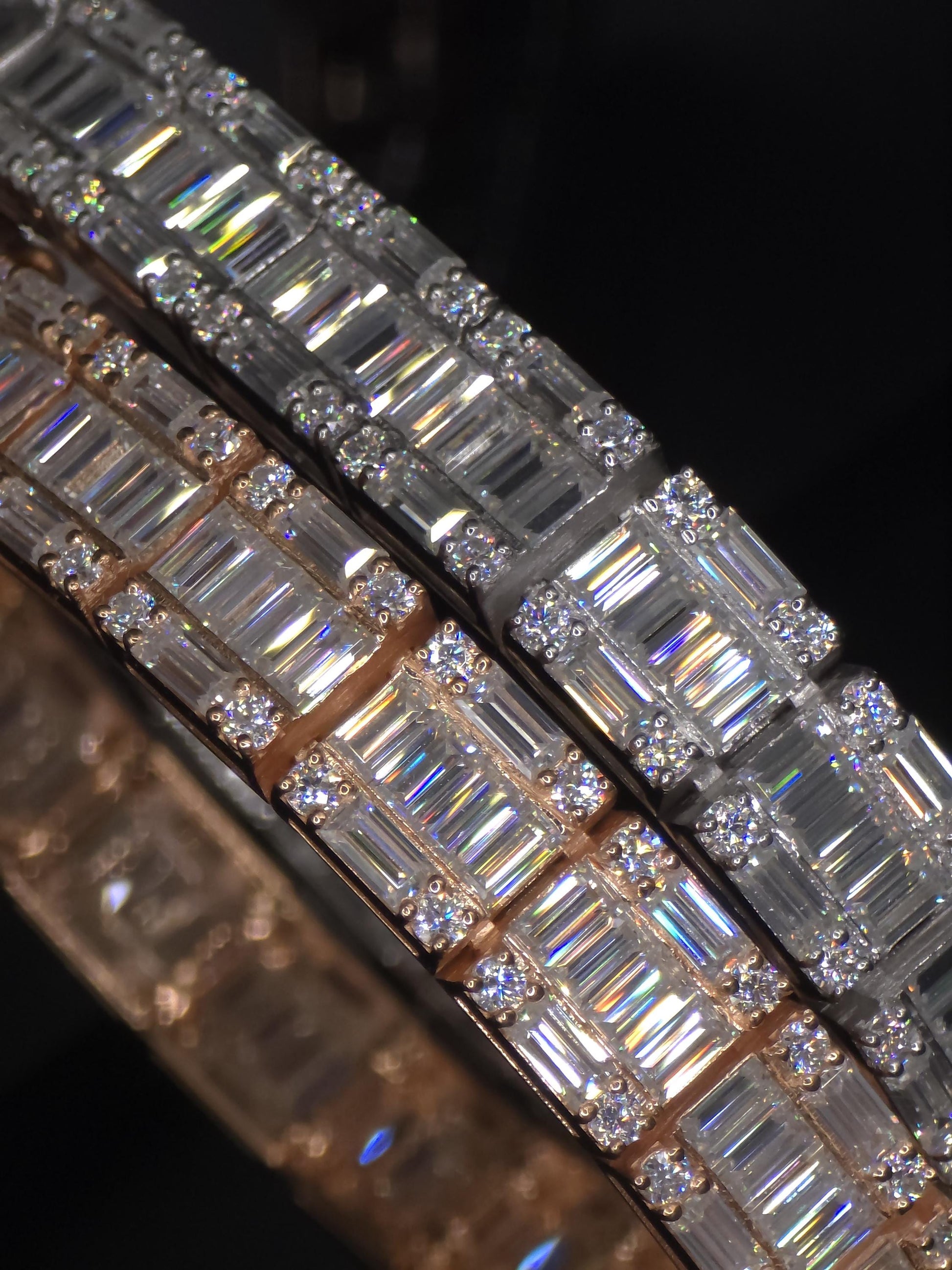 Moissanite Bracelet, Baguette Track bracelet with square links, D color VVS1 Moissanite, 925 Sterling Silver, Gold Plated, 6-9 inch