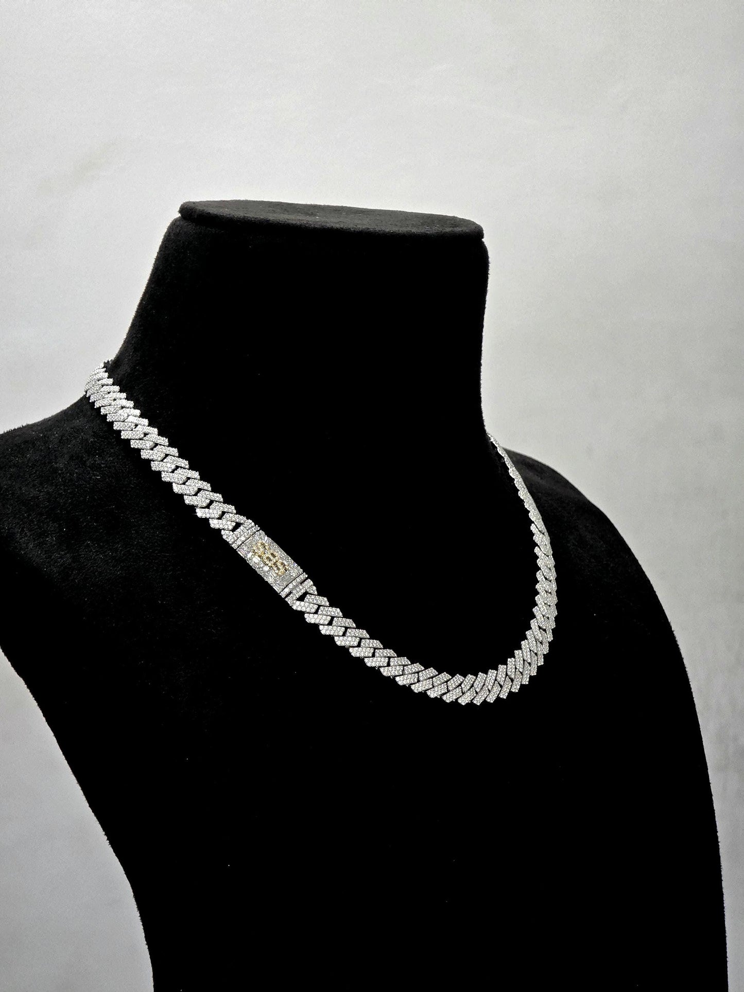 10mm Prong Cuban Link Chain, Custom Mixed-cut Designer Clasp, D Color VVS1 Moissanite, 925 Sterling Silver, Gold Plated, 16-30 Inch