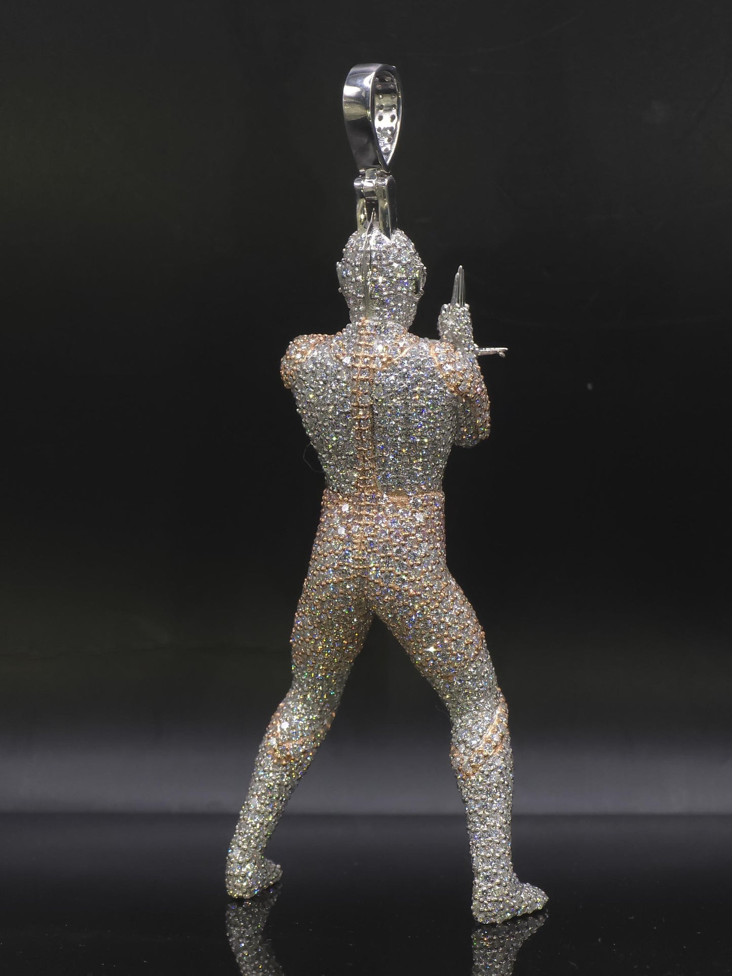 Iced Out Character Pendnat, 3inch tall, D Color VVS1 Moissanite, Rose Gold Plated 925 Sterling Silver, Hip Hop Jewelry
