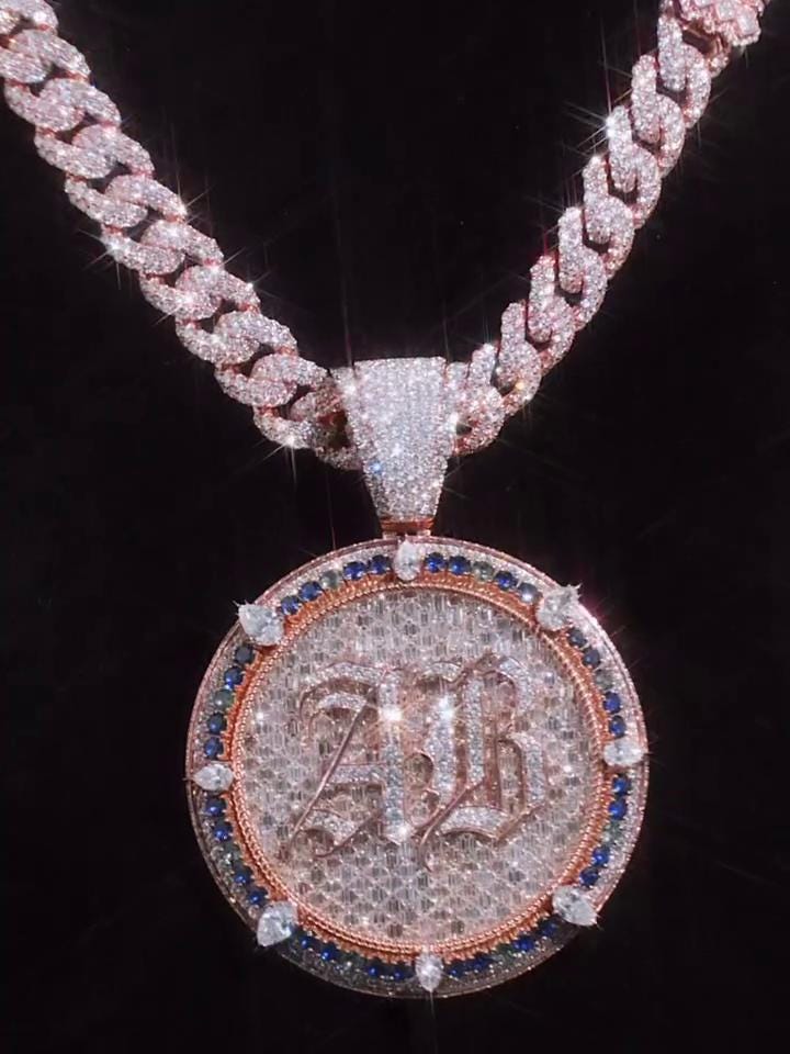Custom Iced Out Monogram Medallion Pendant, Moissanite & Gemstones, Rose Gold Plated 925 Silver, Personalized Hip Hop Jewelry