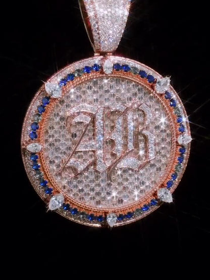 Custom Iced Out Monogram Medallion Pendant, Moissanite & Gemstones, Rose Gold Plated 925 Silver, Personalized Hip Hop Jewelry
