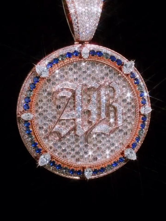 Custom Iced Out Monogram Medallion Pendant, Moissanite & Gemstones, Rose Gold Plated 925 Silver, Personalized Hip Hop Jewelry